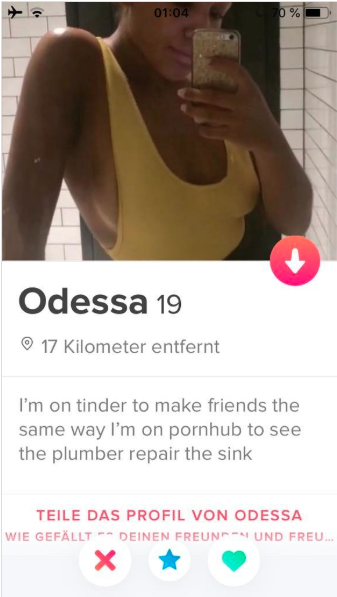 Check this out: 10 Funny Tinder bio one-liner examples for guys and girls